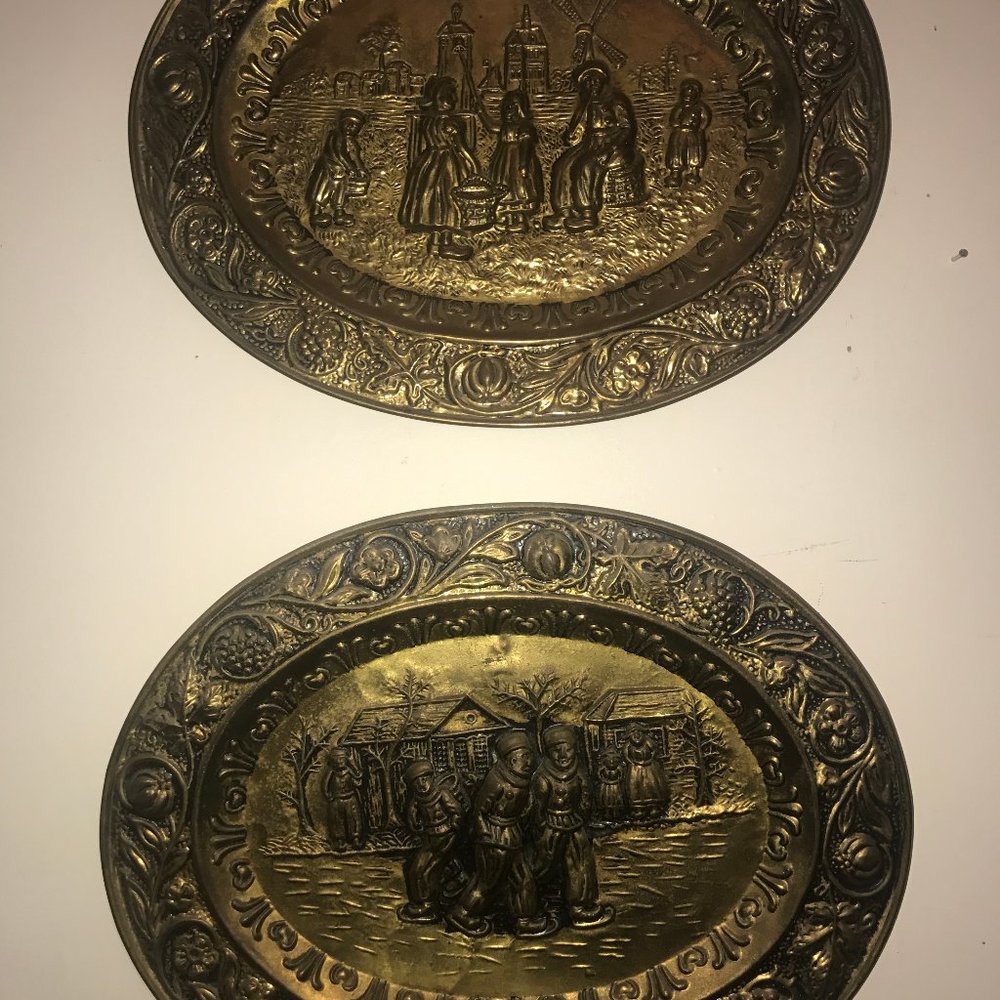 Pair Brass Repousse Wall Hangings Holland Scenes